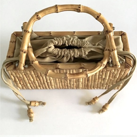 Vintage Bamboo Handbag Natural materials Canvas Drawstring liner Boho homemade - Picture 1 of 7